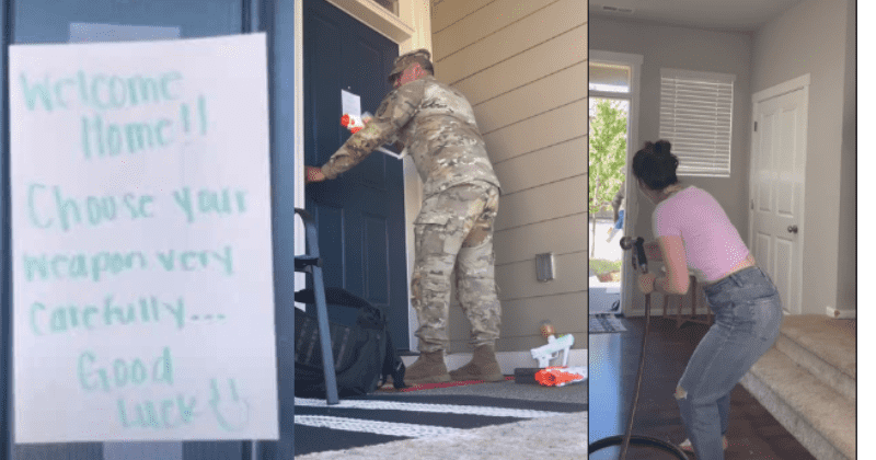Wife Hilariously Greets Military Husband With a Garden Hose When He Returns Home | “Choose Your Weapon Very Carefully”